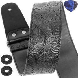 Printed Leather Guitar Strap - PU Western Vintage 60's Retro With Genuine Leather Ends for Electric Bass, Wide Adjustment Range, Tie, 2 Picks Included - Black