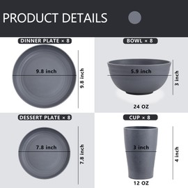 Supernal 32pcs Wheat Straw Dinnerware Sets,Unbreakable Dinnerware Sets for 8,Reusable Tableware,Dishes Set for 8,Plates and Bowls Set Dark Grey Include16pcs Plates, 8pcs Bowls, 8pcs Cups
