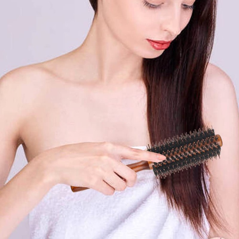 Roller Round Brush, 14 Rows Natural Wooden Boar Bristle Round
