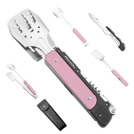 ROXON S601 14" 6 in 1 MBT3 Folding Grill Utensils Set Fork Spatula Grilling Knife Tongs Opener for Backyard Barbecue and Camping (Pink)