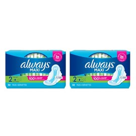 Always Maxi Unscented Pads with Wings, Long/Super 32 Count (Pack of 2)