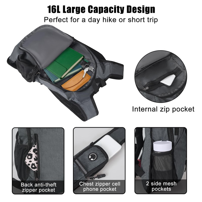 FUNANASUN Hiking Backpack, Small, 16L Foldable Backpack with Back Ventilation,