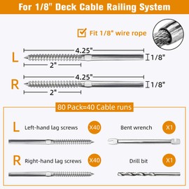 Swage Lag Screws for Cable Railing - 80 Pack T316 Stainless Steel Left and Right Handed Thread - 1/8" Cable Railing Hardware Kit for Deck Stair Wood Post Railing System