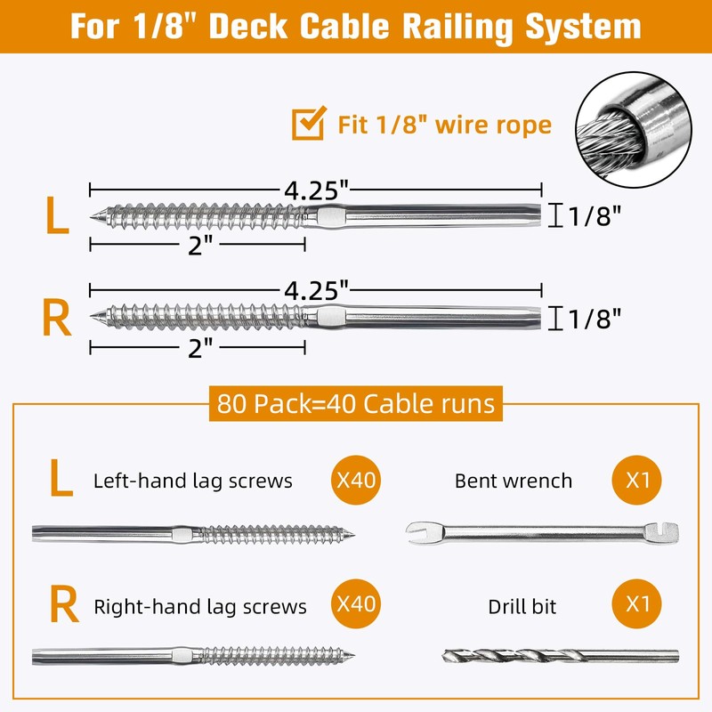 Swage Lag Screws for Cable Railing - 80 Pack T316