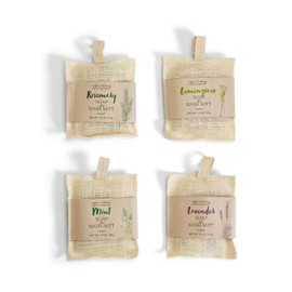 Two's Company Nature's Woven Exfoliant Bath Mitt with Handmade Soap Assortment 4 Scents