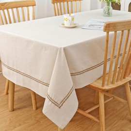 Dremisland Beige Table Cloth Rectangular Cotton Linen Tablecloths Washable Embroidery Dining Table Cover Wrinkle Free Table Protectors for Kitchen Dinning Thanksgiving Christmas Decoration