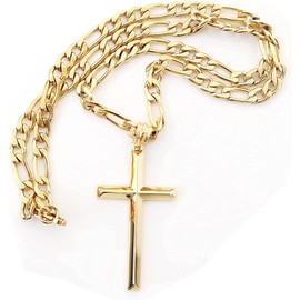 Gold Chain Figaro Cross Pendant Necklace w/Solid Clasp for Men, Husband, Father Thin for Charms Perfect Religious Gift. Cuban Link Diamond Cut(24)
