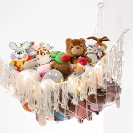 CUHIOY Soft Toy Hammock for Stuffed Animals with Lights, Large Toy Storage Net Fits 30+ Teddy, Kids Mesh Nursery Organizer, Plush Toys Holder on Toddler Bedroom Wall Corner Decor, 64.5x64.5x44.5Inches