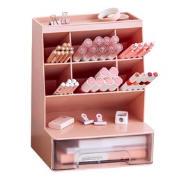 SAMSYOKI Pen Holder Organiser Multifunctional Desk Organiser 6 Compartments Pen Holder Box with Drawer Pen Holder Storage Box Pen Holder for Office Home Supplies Cosmetics (Pink)