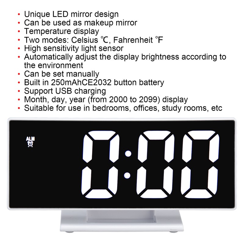 Digital Alarm Clock LED Mirror Screen USB Charging Automatic Dimming