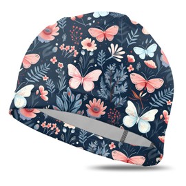 Deokke Fabric Swim Cap Elastic Breathable Cloth Swimming Cap Fit Short Hair Men Women Girls One Size Hat-Butterfly Flower