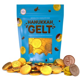 The Dreidel Company Chocolate Gelt 50-Pack Milk Chocolate Coins, Hanukkah Gelt, With Menorah and Dreidel Designs, Made with Premium Belgian Chocolates, Gluten Free, Non GMO, Nut-Free, Kosher Certified OU-D