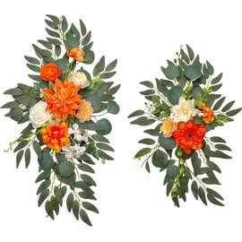 Joylern 2pcs Wedding Arch Flower Artificial Eucalyptus Leaves Floral Swag Wedding Floral Swags Green Leaves Garland for Wedding Party Decoration - Orange