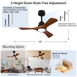 VCQQ 36 Inch Ceiling Fans with Lights and Remote, 3 Blade Wood Ceiling Fan with Light, Modern Indoor Outdoor Black Ceiling Fan for Patio Bedroom Office, Wall Switch, Dimmable, Reversible DC Motor