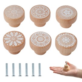 OESSUF 6PCS Bohemian Wooden Cabinet Knobs, 35mm Round Furniture Handle Drawer Door Knobs Pull Handles for Cupboard Wardrobe Furniture Hardware
