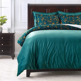 Chanasya Premium 3-Piece Reversible Ultra Soft Brushed Microfiber Velvet Bedding Comforter Duvet Cover Set - Teal Yellow Bramble Leaves Foliage Print - (1 Duvet Cover & 2 Pillow Shams) - Twin Bed