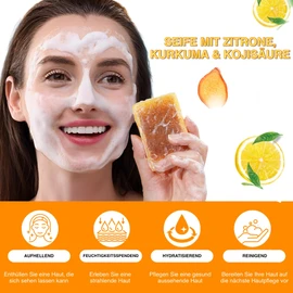 P-Beauty Kurkuma Gesichtsseife mit Kojisäure & Zitronenextrakt - Natürliche Hautpflege gegen Akne & Rötungen - Porentiefe Gesichtsreinigung - Hautaufhellende Seife, antibakteriell & beruhigend - 100g