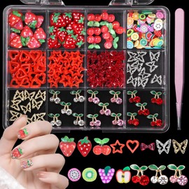 CESUSME 3D Fruit Cherry Nail Charms, Gold&Silver Butterfly Cherry Alloy Nail Gems Charms+Bow Strawberry Heart Star Acrylic Nails Art Charms+Color Fruit Slices Nail Charms for Nails Design