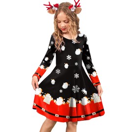 Arshiner Girls Long Sleeve Stretchy Dress A line Twirly Skater School Party Dress Christmas Santa Toddler 2 Years