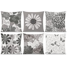COMMINY Grey Pillow Covers 18x18 Set of 6 Decorative Daisy Flower Throw Pillow Cover for Couch Modern Cushion Cover for Patio Living Room Cushion Bed Outdoor Farmhouse Home Decor