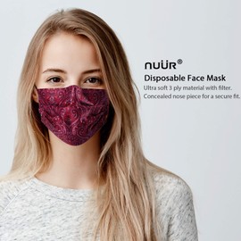 NUÜR 10pcs Paisley 3 Ply Disposable Face Mask, Mask with Filter Layer and Elastic Earloop, Retail Sealed Bags