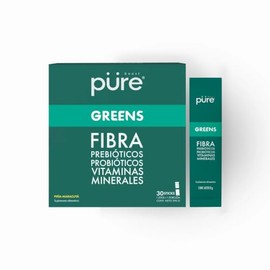pure | Greens en polvo | Superfoods y Verduras | 4.2 g de Fibra por Stick | Vitaminas B, C, D, E, Zinc, Selenio y Magnesio | 1,950 millones de UFC Probióticos | Sin Azúcares Añadidos, Endulzado con Alulosa | Caja con 30 sticks individuales.