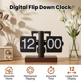VINGVO Digital Flip Down Clock, Retro Flip Desk Clock, Battery Operated Mechanical Clock, Internal Gear Operated Time Clocks for Home Room Office Desk & Shelf Decoration (Black)