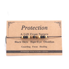 Iborov Natural Black Onyx Tiger Eye Obsidian Stone Healing Bracelets with Empowering Cards Adjustable Jewelry Gift for Men and Women