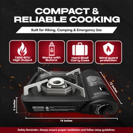 Chef Master Portable Butane Camping Stove, Piezo Ignition 7,650 BTU Output, Wind-Guard Portable Stove Burner with Portable Carrying Case for Emergencies, Road Trips, Hiking, Camping Essentials 90027