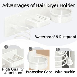Hair Dryer Holder Wall Mounted Blow Dryer Holder Curling Iron Holder Straightener Holder 3 in 1 Bathroom Metal Hair Tool Organizer Rack（White）