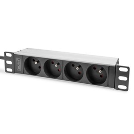 DIGITUS 4-Way Power Strip - 1U - 10" (254mm) - French Layout - Rack Mount in Network Cabinet - Silver/Black