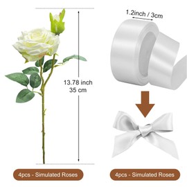 4PCS Car Wedding Decorations Set - Automotive White Rose Flower with Satin Vehicles Door Handle Ornaments, Just Married Cars Accessories Decor for Newlyweds (4, White)