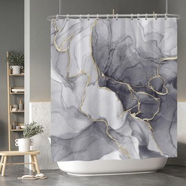 Baocicoo Dusty Blue Gold Marble Shower Curtain Sets Modern Ink Art Luxury Shower Curtain for Bathroom Hostel Hotel Living Room Decor Waterproof Durable Fabric Shower Curtain with Hooks 72x78 Inches