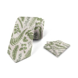 Lunarable Vintage Men's Tie Set, Floral Pattern with Boxwood ed Eucalyptus Fern Maidenhair, Necktie Set Groom Handkerchief for Parties Weddings & All Occasions, Reseda Green Sage Green