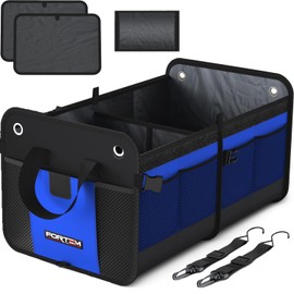 FORTEM SUV Trunk Organizer, Car Organizer, Collapsible Multi-Compartment Storage Bag for Car Accessories for Women Men, Non Slip Bottom, Adjustable Straps, Foldable Cover 50L (Standard, Blue)