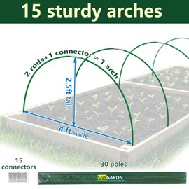 Garden Greenhouse Hoops Kit 15 Sets -2-Section Design, 8ft Grow Tunnels Poles Plant Raised Beds, 30 Pcs 4ft Solid Fiberglass Support Stakes 15 Metal Connectors -Quick Assembly No Loose Parts (Green)