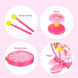 PowerTRC Deluxe 2 in 1 Keyboard and Drum Set Toy for Kids | Children's Musical Instrument Play Set Comes with Drum Set, Piano and Microphone | Colorful Lights and Sing-Along (Pink)