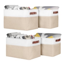 Univivi 15 inch Foldable Fabric Storage Baskets 4PC Rectangle Storage Bins with PU Handles|Hard Bottom Large Organizer Basket for Shelves,Closet Organizing (Khaki-15”X10.5”X9.5”)