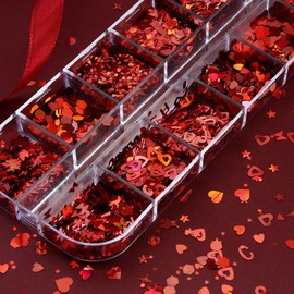 Red Nail Glitter Sequins 3D Holographic Valentine Heart Nail Art Flakes Red Heart Butterfly Letter Sequins Winter Nail Supplies for Women DIY Acrylic Nails Valentine Craft Decorations