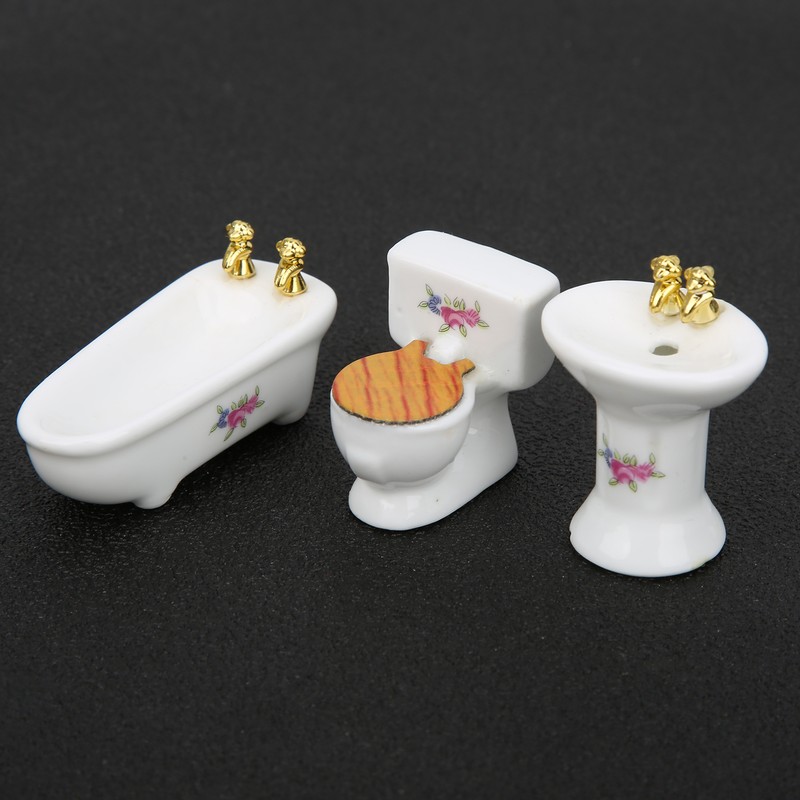1/24 Dollhouse Miniature Bathroom Set Simulation Ceramic Bathtub Toilet Sink