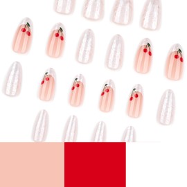 SXVME Gel Press on Nails Short Almond, French Tip False Nails with White Marble Design, Cherry Full Cover Nude Pink Fake Nails Press ons, Cute Stick on Nail for Women Summer Decoration 24 Pcs