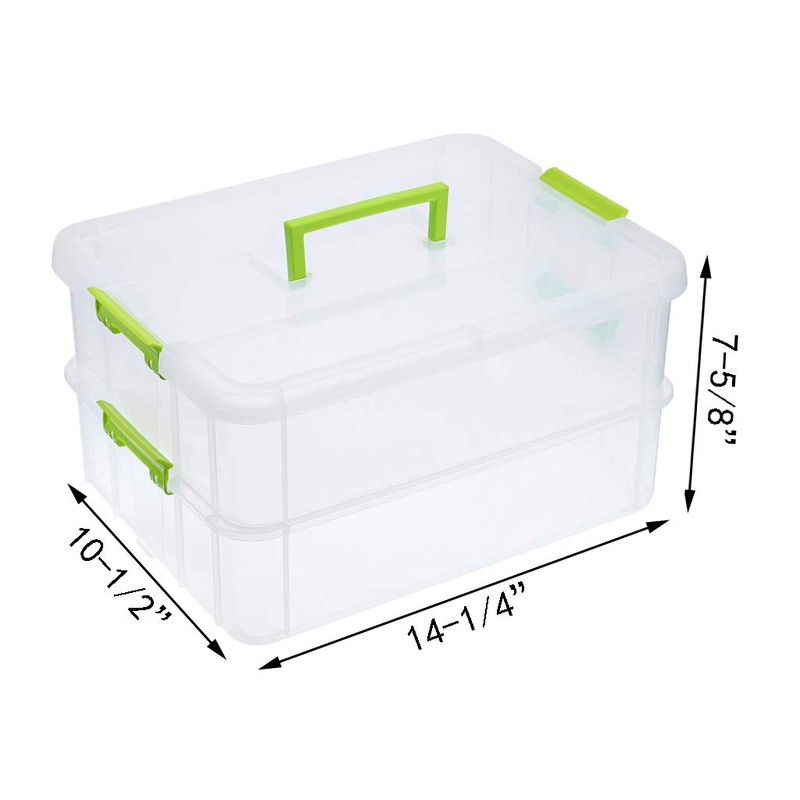 JUXYES 2-Tiers Stack Carry Storage Box With Handle, Transparent Stackable