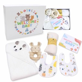 Cantoblanc - Newborn Moses Basket. Unisex Baby Gift Basket for Boys and Girls. Baby Gift Set Welcome Pack: Hooded Bath Towel, Muslin, 2 Absorbent Bibs and Rattle