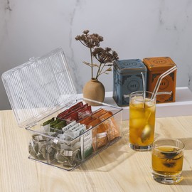 Sorbus 2 Pack Tea Bag Organizer Bins w/Lids & 4 Removable Dividers, Clear Plastic Food Packet Snack Organizer, Stackable Pantry Organization, Kitchen Storage, Fridge Bins, Sturdy Cabinet Organizers