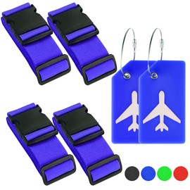 Luggage Strap Set with 4 Pieces Adjustable Luggage Strap Luggage Strap and 2 Pieces Luggage Tags, Blue