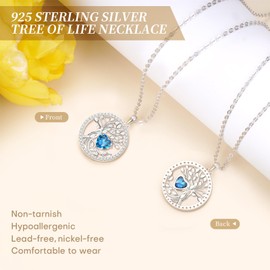 Hoh-Tech Sterling Silver Jewelry Blue Sapphire Necklace Tree of Life Birthday Gifts for Wife Birthstone Necklace for Mom