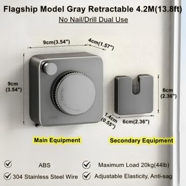 YUSHIYAN 4.2M Retractable Clothesline, Non-sag Clothesline, Indoor/Outdoor Heavy Duty Retractable Clothes Line, Wall Mounted Stainless Steel Washing Line (Grey)