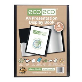 eco-eco A4 Size 50% Recycled 50 Pocket Black Presentation Display Book, Storage Case Portfolio Art Folder with Plastic Sleeves, eco197