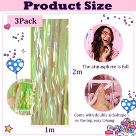 3pcs Holographic Green Tinsel Curtains Backdrop Party Foil Door Curtain,1*2m Iridescent Fringe Curtain Wall Tinsel,Shimmer Curtain Tassel Backdrop for Luau Hawaiian Safari Jungle Christmas Party Décor