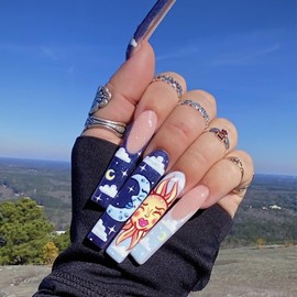 Blue French Tip Press on Nails Coffin Extra Long Fake Nails Sun Moon Clouds Designs False Nails Full Cover Stick on Nails Ballerina Acrylic Artificial Nails Glue on Nails for Women 24Pcs